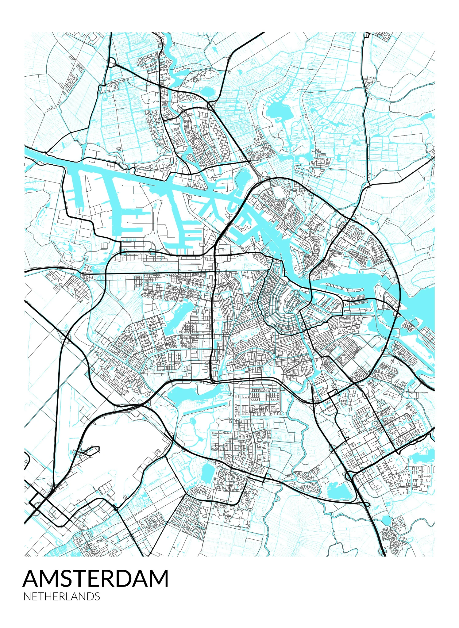 Amsterdam printable map poster in black, white and turquoise